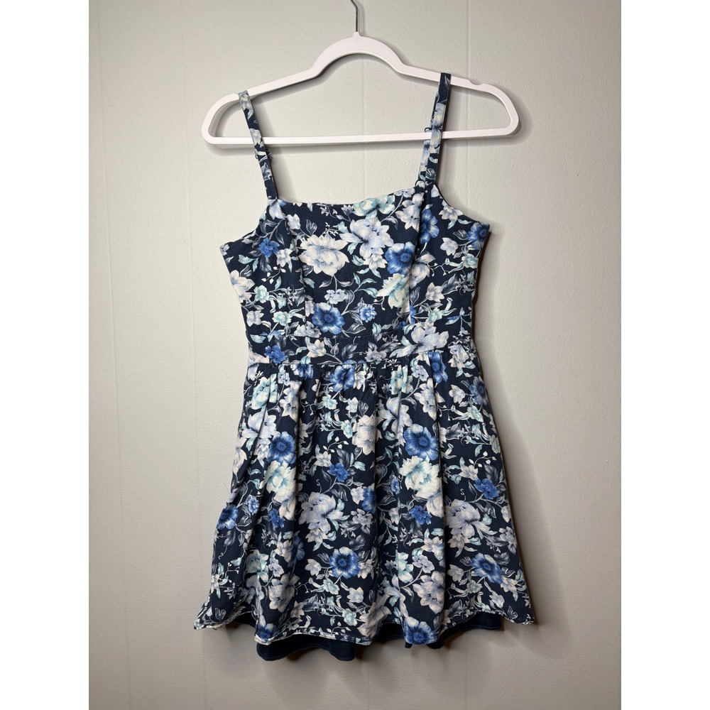 Altar'd State Blue Floral Mini Dress Linen Blend Tie Back Pockets Sleeveless